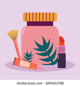 conjunto de iconos de maquillaje en un diseño de ilustración vectorial de fondo púrpura
