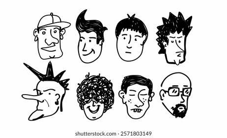 Bundle of male cartoon faces with various characters, vector illustration isolated on white background, avatar caricature, sticker, print design