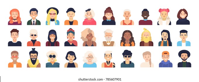 Bundle of male and female cartoon characters or avatars dressed in trendy clothes and with different hairstyles isolated on white background. Set of men and women. Vector illustration in flat style.