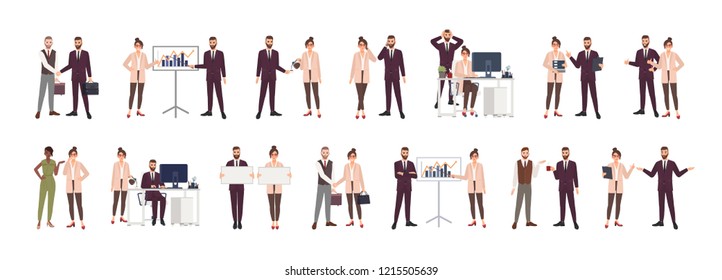 Bundle Of Male And Female Office Workers, Clerks Or Managers Talking To Each Other, Negotiating, Discussing Work Issues, Shaking Hands, Brainstorming. Vector Illustration In Flat Cartoon Style.