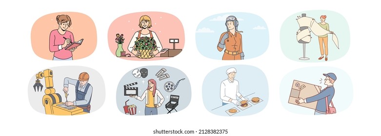 Bundle of man and woman occupations. Set of people works and jobs. Professional daily routine. Pilot and designer. Engineer, actor and deliveryman. Chef and florist. Vector illustration. 