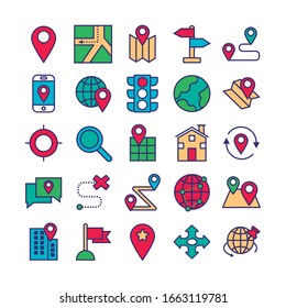 bundle of map line and fill icons vector illustration design