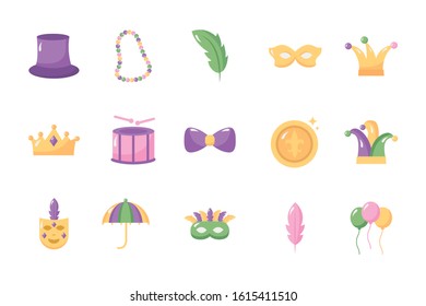 bundle of mardi gras set icons vector illustration design