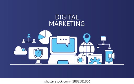 bundle of marketing digital set icons and lettering vector illustration design