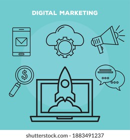 bundle of marketing digital set icons and lettering vector illustration design