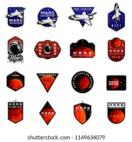 Bundle of mars expedition logos concept with space shuttle. Space mission badges for  for expeditions, events, apparel, banners etc