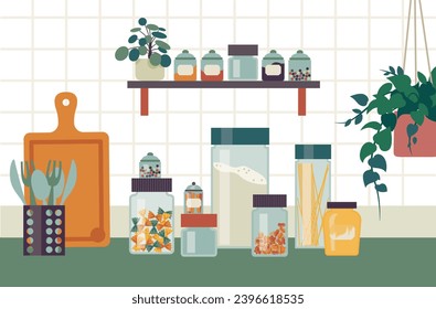 Bundle of masson jars with flour, pasta, spices. No plastic kitchen. Vector illustration separated items.