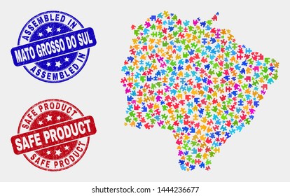 Bundle Mato Grosso do Sul State map and blue Assembled stamp, and Safe Product textured stamp. Bright vector Mato Grosso do Sul State map mosaic of plug-in. Red rounded Safe Product stamp.