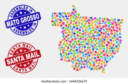 Bundle Mato Grosso State map and blue Assembled seal stamp, and Santa Mail scratched stamp. Bright vector Mato Grosso State map mosaic of bundle parts. Red round Santa Mail seal.