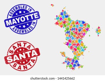 Bundle Mayotte Islands map and blue Assembled seal, and Santa textured seal stamp. Bright vector Mayotte Islands map mosaic of bundle bricks. Red round Santa stamp.