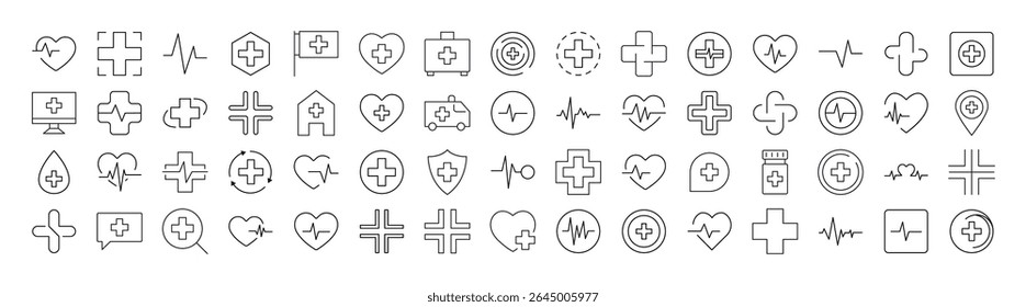 Lote de ícones de linha relacionados ao Medical Cross. Outline Signs para Gráficos e Web Design, Apps, Anúncios, Vários Cartões 