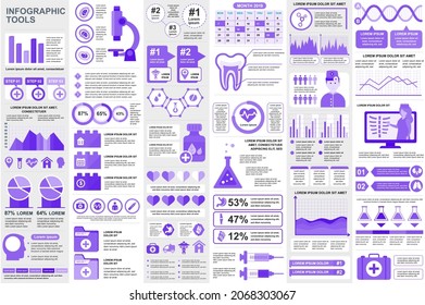 Bundle Medical Infographic Elements Data Visualization Vector Design Template. Mega Set. Can Be Used For Steps, Processes, Workflow, Diagram, Healthcare Concept, Timeline, Icons, Info Graphics.