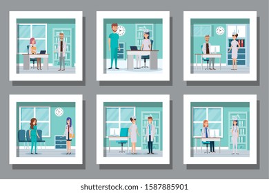 bundle of medical people in the workplace vector illustration design