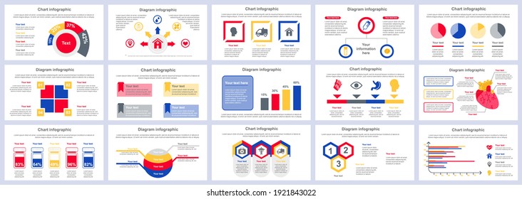 Bundle medical services infographics presentation slides template. Different charts, diagram, workflow, flowchart, healthcare icons, medicine design template. Vector info graphic and infographics set.