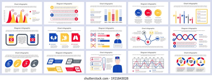 Bundle medical services infographics presentation slides template. Different charts, diagram, workflow, flowchart, healthcare icons, medicine design template. Vector info graphic and infographics set.