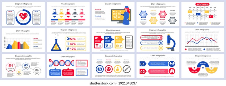 Combinar la plantilla de diapositivas de presentación de infografías de servicios médicos. Diferentes gráficos, diagrama, flujo de trabajo, diagrama de flujo, iconos de atención médica, plantilla de diseño de medicina. Juego de infografía e infografía de vectores.