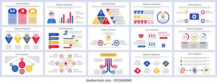 Bundle medical services infographics presentation slides template. Different charts, diagram, workflow, flowchart, healthcare icons, medicine design template. Vector info graphic and infographics set.