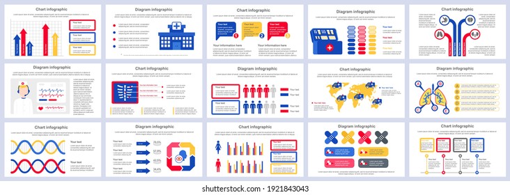 Bundle medical services infographics presentation slides template. Different charts, diagram, workflow, flowchart, healthcare icons, medicine design template. Vector info graphic and infographics set.