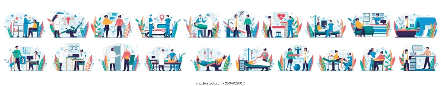 Paquete de conceptos de situaciones médicas con escenas de personas en diseño de dibujos animados planos. Una Grande selección de Imágenes de colores que muestran a hombres y mujeres sobre un fondo azul. Ilustración vectorial.