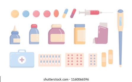 Bundle of medical tools and medicines isolated on white background - first aid kit, inhaler, pills in blisters, syringe, thermometer, patches, nasal spray. Flat cartoon colorful vector illustration.