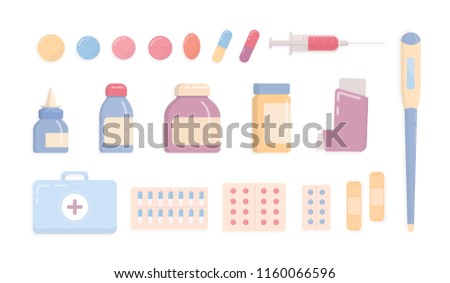 Bundle of medical tools and medicines isolated on white background - first aid kit, inhaler, pills in blisters, syringe, thermometer, patches, nasal spray. Flat cartoon colorful vector illustration.
