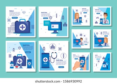 bundle of medicine online and icons vector illustration design