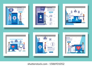 bundle of medicine online and icons vector illustration design