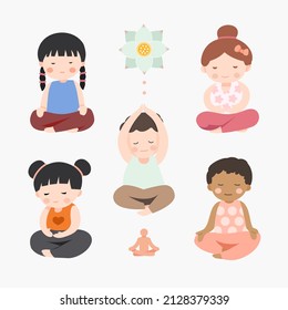 Bundle of meditation yoga. flat meditating children collection illustration vector
