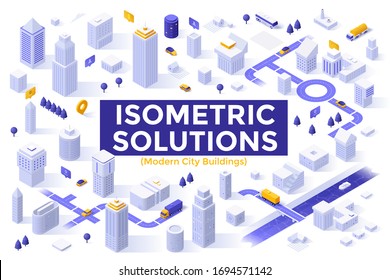 Bundle of megapolis city buildings, downtown skyscrapers, suburban houses. Set of isometric design elements or objects isolated on white background. Modern vector illustration for map construction.