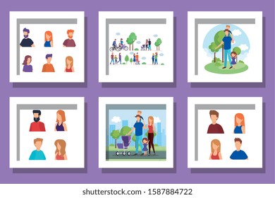 bundle of members family scenes vector illustration design