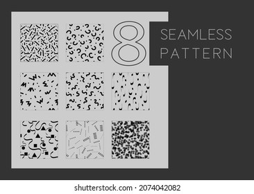 Bundle of Memphis seamless patterns. Fashion 80-90s. Black and white textures. Hand drawn circle pattern of brush stroke. Abstract background collection of polka dot style.