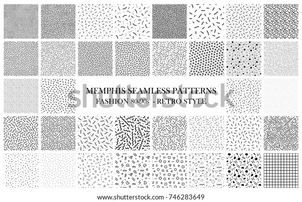 Bundle of Memphis seamless patterns. Fashion\
80-90s. Black and white textures.\

