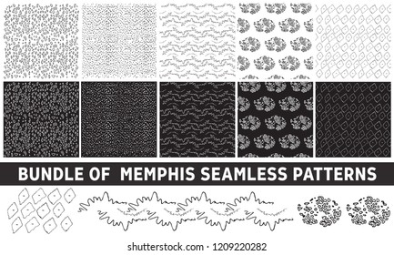 Bundle of Memphis seamless patterns. Set of hand drawn marker and ink patterns. Simple vector scratchy textures with dots, strokes and doodles. Black and white textures.