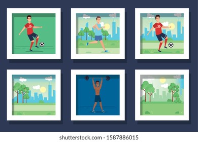 bundle of men practicing exercise vector illustration design