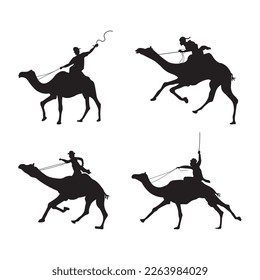 Bundle of men riding camels silhouette vector illustration