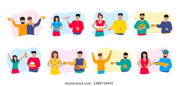 Bundle of men and women with beer and traditional German treats, pretzels and sausages and grilled fish. Oktoberfest. People spend time together.