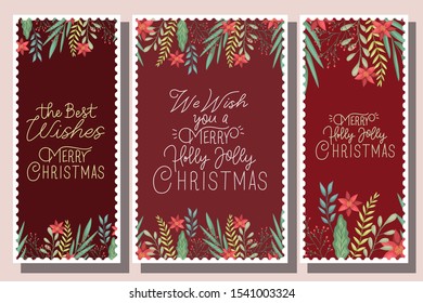 bundle of merry christmas card with calligraphy and floral decoration vector design