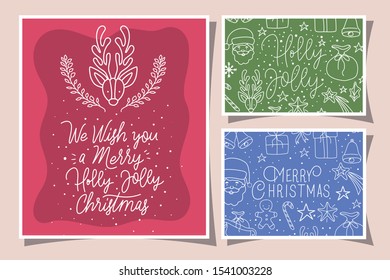 bundle of merry christmas cards with calligraphy and icons vector illustration design