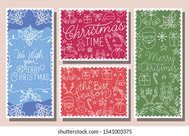 bundle of merry christmas cards with calligraphy and icons vector illustration design