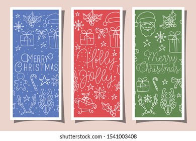 bundle of merry christmas cards with calligraphy and icons vector illustration design