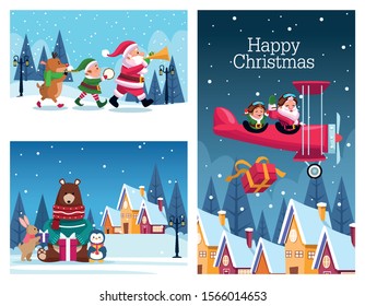 bundle of merry christmas cards vector illustration design