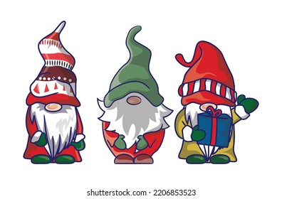 Montaje De Feliz Navidad Cute Gnomes Santa Claus Costume Caricatura Ilustración Diseño Cartel. 
