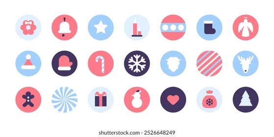 Bundle of merry Christmas flat style icons. Set of Christmas Stickers. Christmas, New Year holidays icon big set. Christmas tree, Balls, Snowflake, Gingerbread, Snowman, wreath. Flat style collection