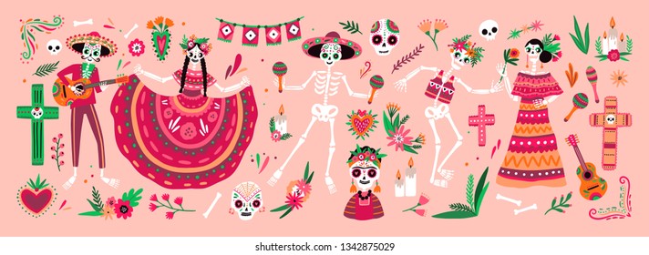 Bundle of Mexican Dia de los Muertos symbols - skeletons dressed in national folk costumes playing guitar, maracas or dancing and celebrating holiday. Traditional festive vector illustration.