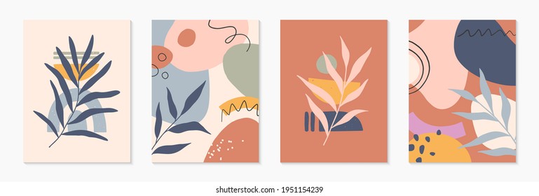 Bundle of mid century modern abstract vector illustrations with organic shapes and plants.Minimalistic art prints.Trendy designs perfect for banners templates;social media,invitations;branding,covers