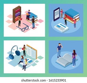 bundle of mini people reading electronics books scenes vector illustration design