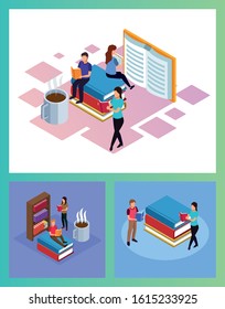 bundle of mini people reading electronics books scenes vector illustration design