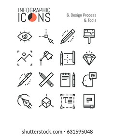 Bundle of minimal thin line icons, design process and tools: techniques and software for graphic, web and digital designer, 3d modeling. Vector illustration for website, presentation, application.
