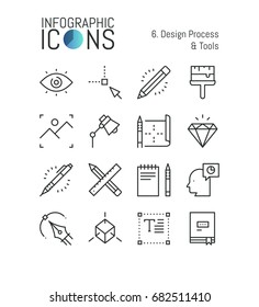 Bundle of minimal thin line icons, design process and tools: techniques and software for graphic, web and digital designer, 3d modeling. Vector illustration for website, presentation, application.