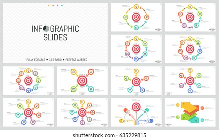 Bundle of minimalist infographic design layouts. Round elements with arrows placed around shooting target, goal achievement concept. Vector illustration for presentation, brochure, report, website.